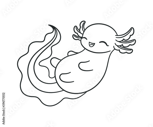 Laughing axolotl outline line art cartoon vector illustration. Cute underwater aquatic animal design. Easy simple coloring book page activity for kids.