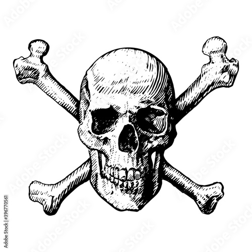 A skull and crossbones icon illustration like a pirates jolly roger sign. vector icon, isolated, on a white background