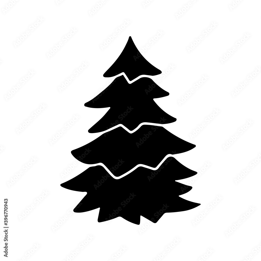 Hand drawn silhouette doodle Christmas Tree isolated on white background. Vector outline illustration. Design for holiday cards, backgrounds, ornaments, decoration, banner, flyer Hand drawn silhouette doodle Christmas Tree isolated on white background. Vector outline illustration. Design for holiday cards, backgrounds, ornaments, decoration, banner, flyer