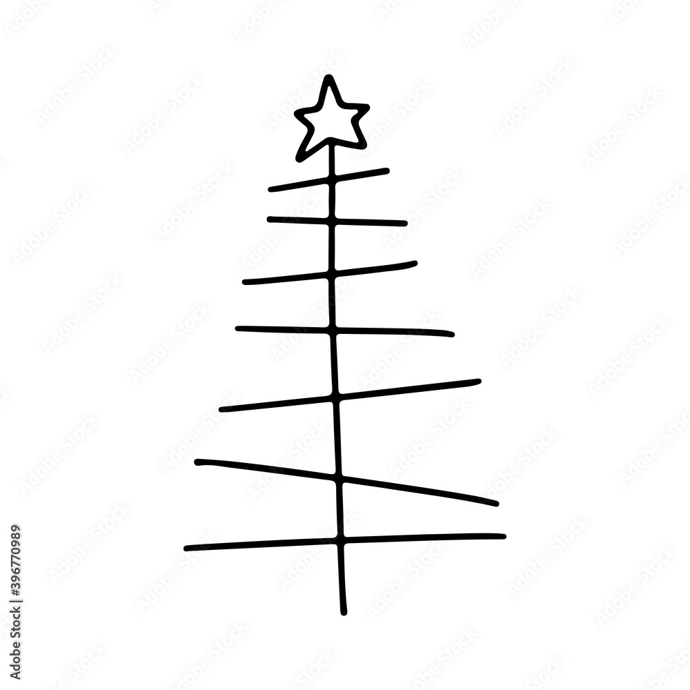 Hand drawn doodle Christmas Tree isolated on white background. Vector outline illustration. Design for holiday cards, backgrounds, ornaments, decoration, banner, flyer Hand drawn doodle Christmas Tree isolated on white background. Vector outline illustration. Design for holiday cards, backgrounds, ornaments, decoration, banner, flyer
