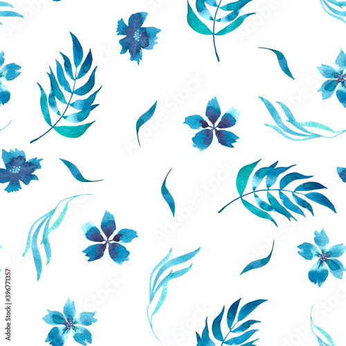 Watercolor floral seamless pattern with blue flowers on a white background, hand drawn. For textiles, ceramics, web design, invitations, greetings, packaging, scrapbooking.