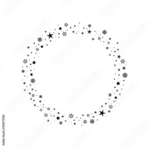 Holiday round frame with stars and glitter dots on white background.