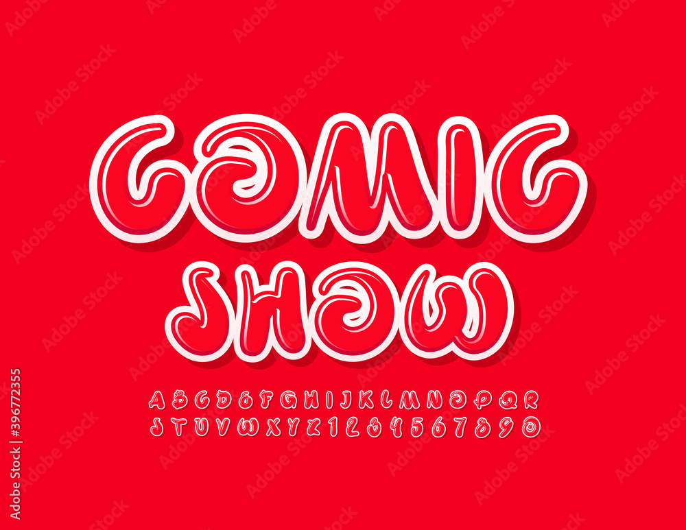 Vector bright flyer Comic Show. Creative red Font. Artistic Alphabet Letters and Numbers set