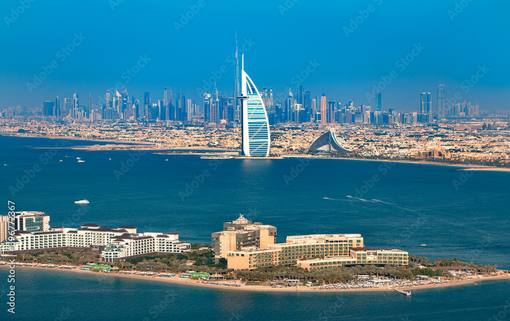 DUBAI,UNITED ARAB EMIRATES-MARCH 2, 2016: Dubai center and luxury hotels on Jumeirah beach,Dubai,United Arab Emirates