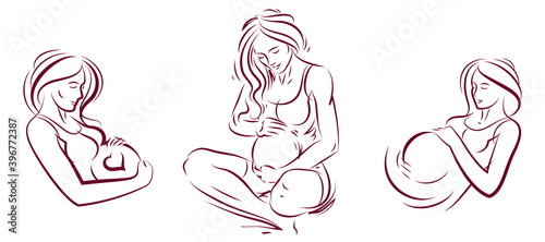 Pregnant woman vector hand drawn illustrations set isolated on white background, prenatal pregnancy baby shower theme, beautiful female motherhood new life.