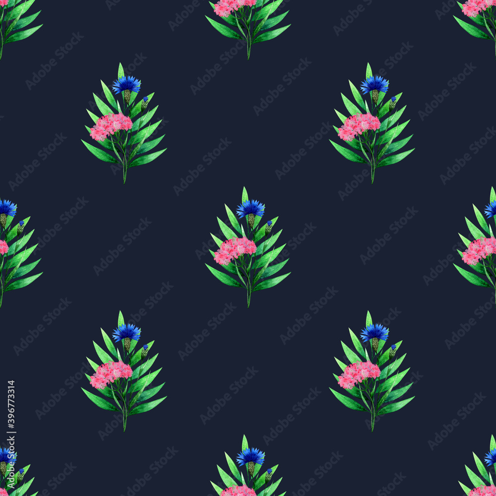 Wild flowers seamless pattern with blue cornflowers,green leaves and pink botanical elements.Floral watercolor background.Hand drawn illustration.For fabric designs,wrapping paper,textiles,printables.