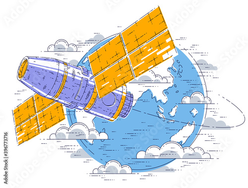 Space station flying orbital spaceflight around earth, spacecraft spaceship iss with solar panels, artificial satellite. Thin line 3d vector illustration.