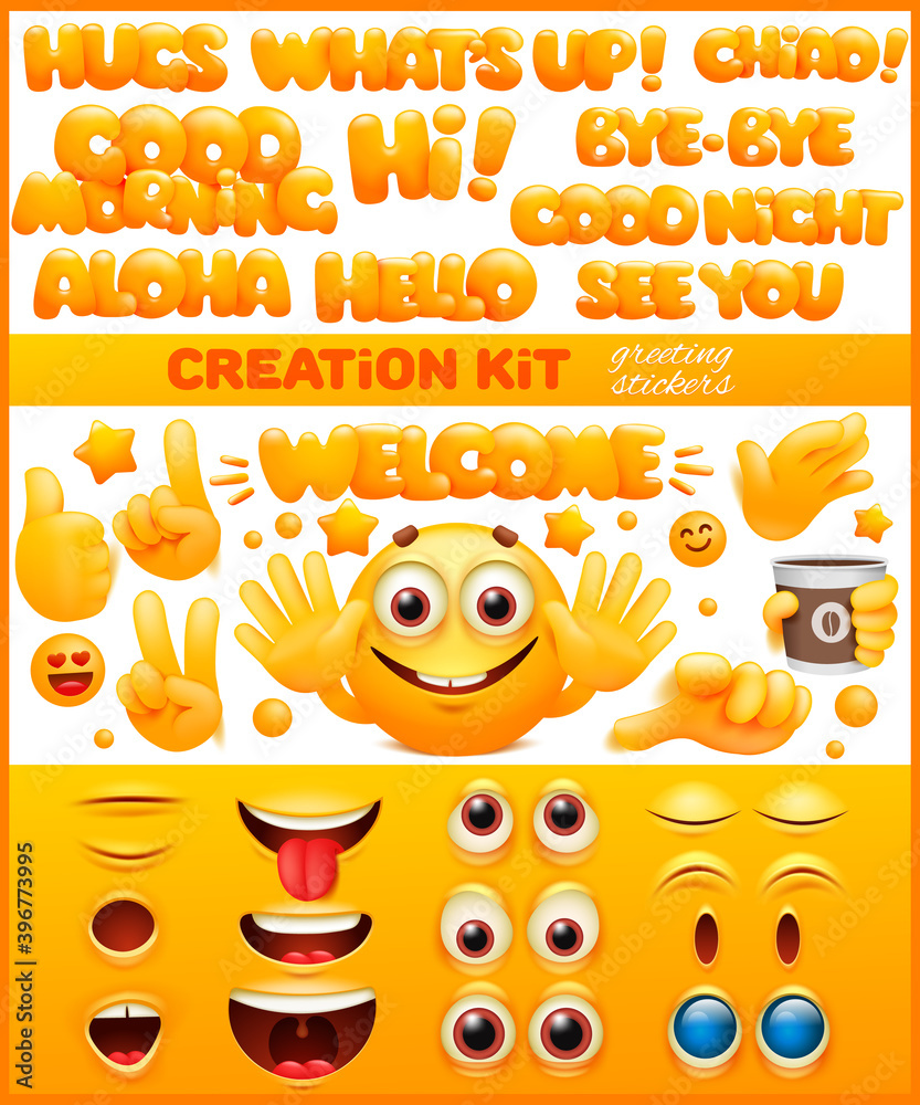 Diy creation kit. Yellow emoji cartoon character. Emoticon smile face set.  Stock Vector | Adobe Stock