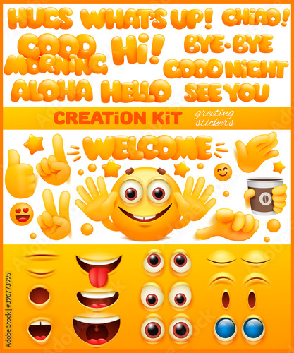 Diy creation kit. Yellow emoji cartoon character. Emoticon smile face set.