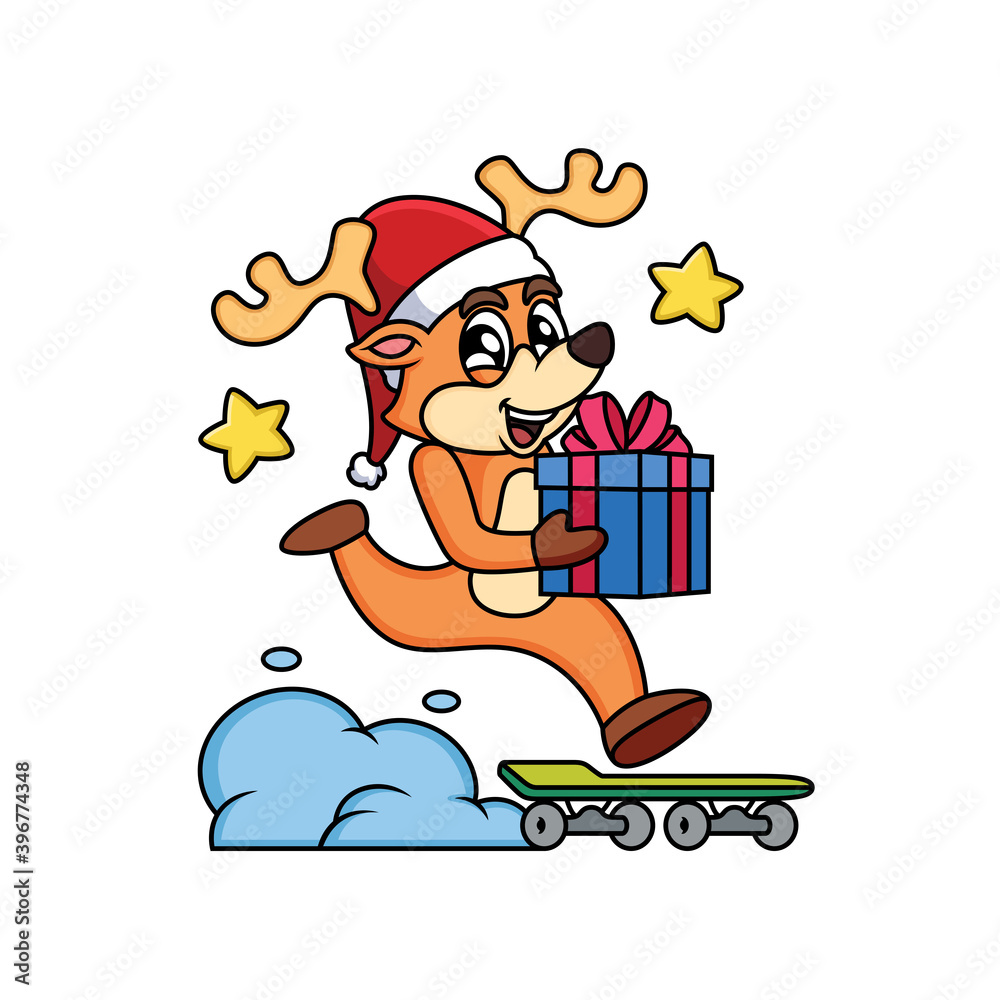 Naklejka premium Deer christmas cartoon character bring box of gift with skateboard. Animal icon concept in white background.