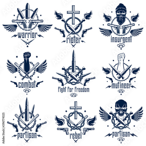 Revolution and Riot aggressive emblem or logo with strong clenched fist, aggressive skull, bullets and guns, weapons and different design elements , vector tattoo, rebel and revolutionary.