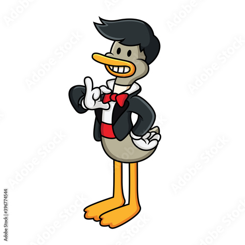 Cartoon illustration duck wear tuxedo with cute pose. Vector clip art illustration with simple gradients in white background.