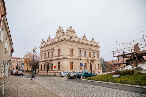 Historical neo renaissance building of city hall at main town Husovo Square at cloudy autumn day  Cesky Brod  Central Bohemia  Czech Republic