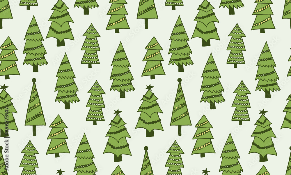 Obraz premium Decorated Christmas tree illustration. Doodle outline drawing. Seamless pattern. New Year celebration, winter season. Festive plant, holiday symbol