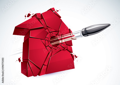 Broken Home concept, house broken to pieces with bullet gun shot, vector realistic 3D illustration.