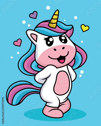 Cute Unicorn Shy Cartoon Vector Icon Illustration. Animal Nature Icon Concept Isolated Premium Vector.