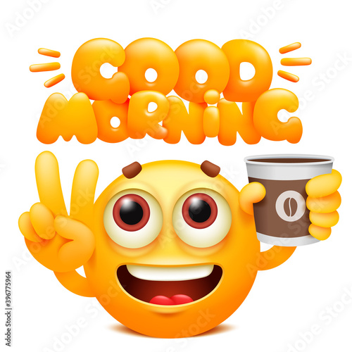 Good morning web sticker. Yellow emoji cartoon character with coffee cup. Emoticon smile face