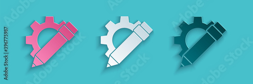 Paper cut Pencil and gear icon isolated on blue background. Creative development. Blogging or copywriting concept. Paper art style. Vector Illustration.