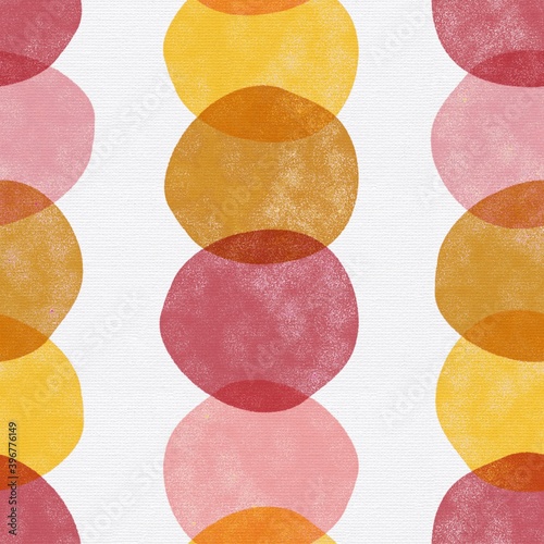 Modern art abstract seamless pattern. Contemporary Mod Art repeating background. Pink red gold orange textured circles, overlapping dots. Multi layered geometric minimalist design on canvas background