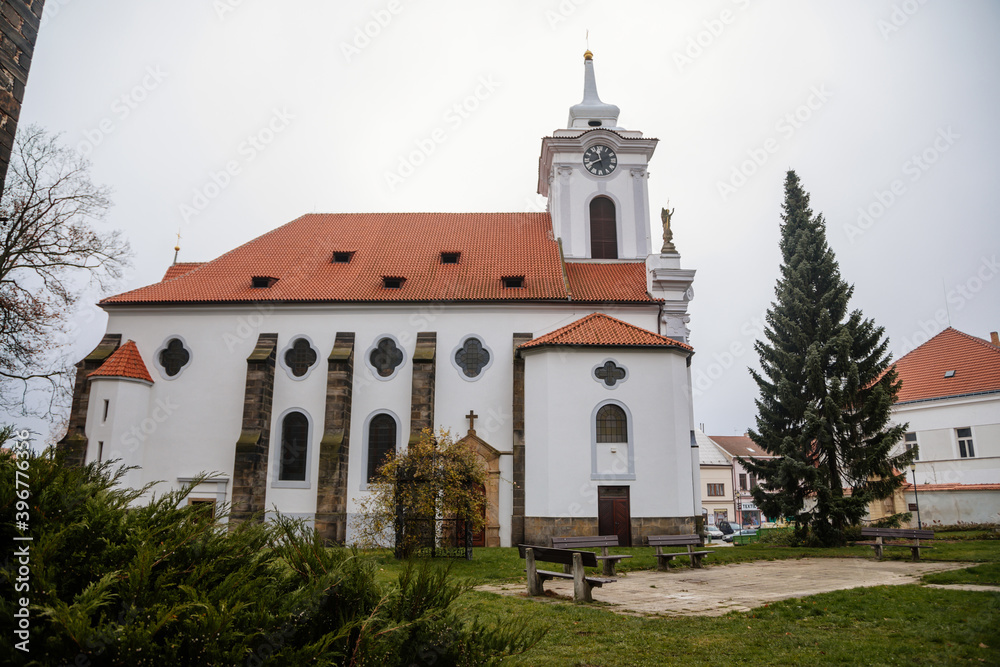 Baroque saint Gothard church in old historic center of Cesky Brod, Central Bohemia, Czech Republic