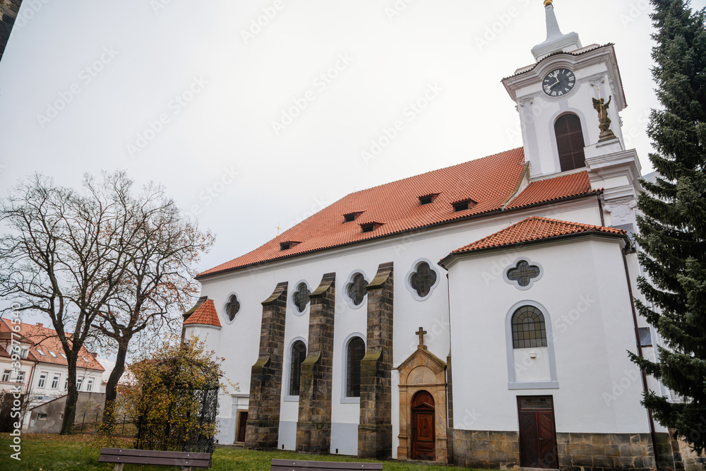 Baroque saint Gothard church in old historic center of Cesky Brod, Central Bohemia, Czech Republic