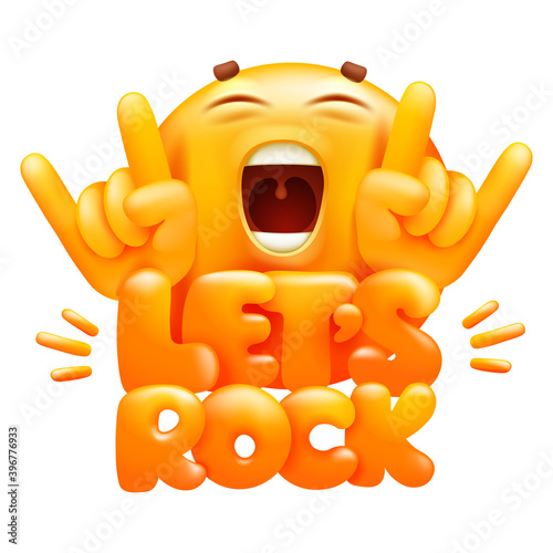 Let's rock web sticker. Yellow emoji cartoon character. Emoticon smile face