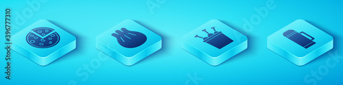 Set Isometric Pizza, Khinkali on cutting board, Thermos container and Chicken leg in package box icon. Vector.