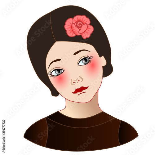 Emoticon with a modest and shy girl who stands with his head bowed, vector color emoji on white isolated background