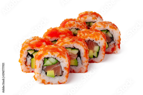 Classic California sushi roll isolated on white