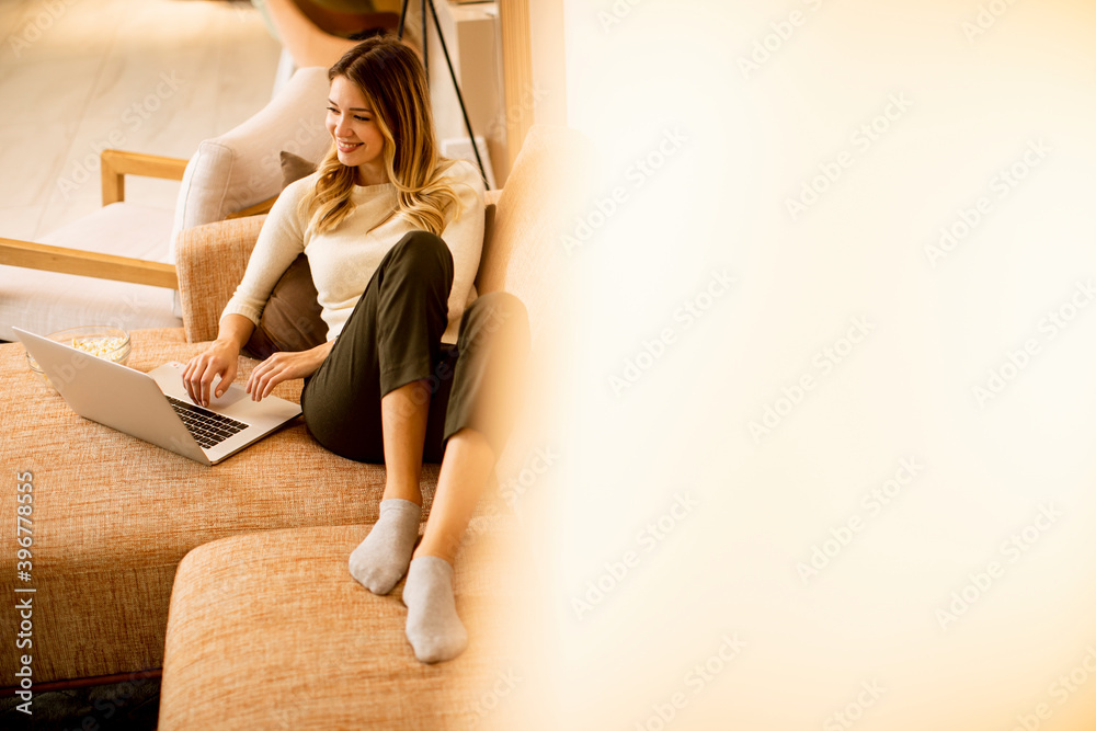 Fototapeta premium Young beautiful woman using a laptop at home