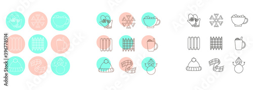 Set of icons on a winter theme. Hat, scarf, plaid, mittens, snowflake, snowman, battery, mulled wine, cocoa with marshmallows.