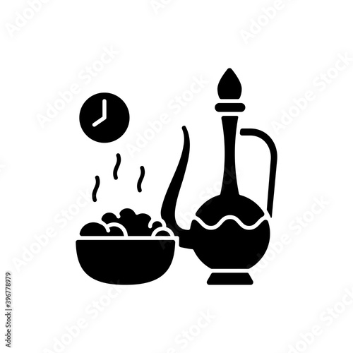 Iftar black glyph icon. Evening meal with which muslims end their daily ramadan fast at sunset. Religious observances. Silhouette symbol on white space. Vector isolated illustration