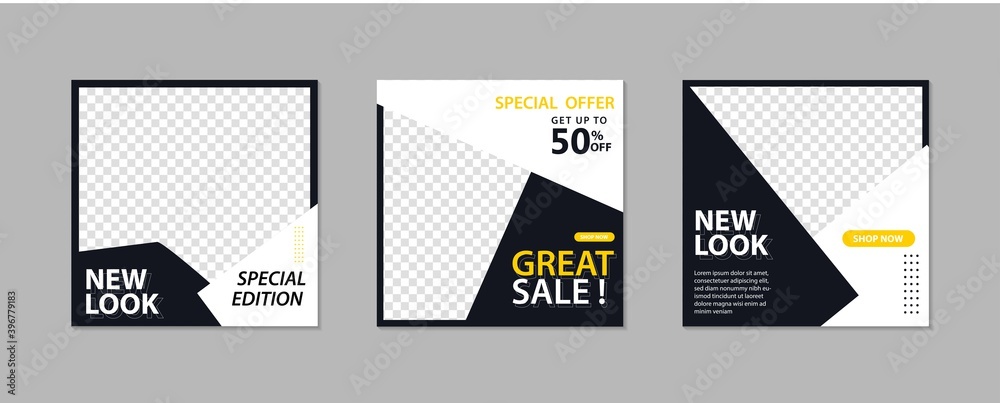 Set of Editable minimal square banner template. Blue yellow white background color with geometric shapes for social media post and web internet ads. Vector illustration
