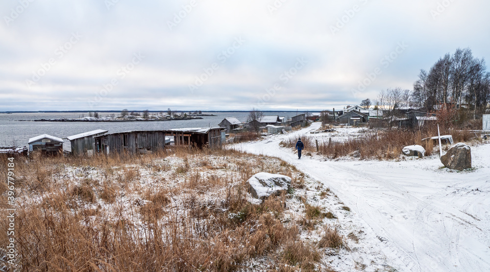 Panoramic view of Kem. Fishing village Rabocheostrovsk on the shore of the White sea.