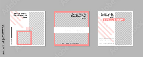 Set of Editable minimal square banner template. Pink white background color with geometric shapes for social media post and web internet ads. Vector illustration with 