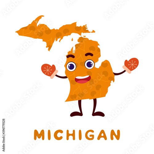 Cute cartoon Michigan state character clipart. Illustrated map of state of Michigan of USA with state name. Funny character design for kids game, sticker, cards, poster. Vector stock illustration.