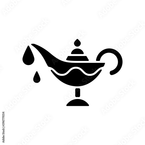 Lamp oil black glyph icon. Ramadan traditional item. Everyone is keeping fire in house. Religious traditions. Interesting ritual. Silhouette symbol on white space. Vector isolated illustration
