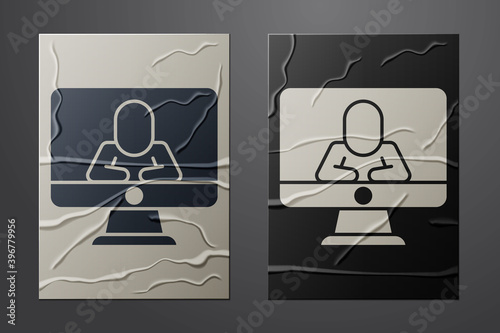 White Online psychological counseling distance icon isolated on crumpled paper background. Psychotherapy, psychological help, psychiatrist online consulting. Paper art style. Vector.
