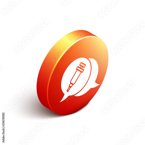 Isometric Addiction to the drug icon isolated on white background. Heroin, narcotic, addiction, illegal. Sick junkie with a syringe and medical pills. Orange circle button. Vector.