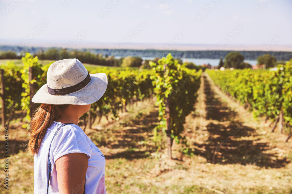 Woman with straw hat relaxing on beautiful summer day at field of vineyards. Summer daylight. Blue sky. Copy-space for message