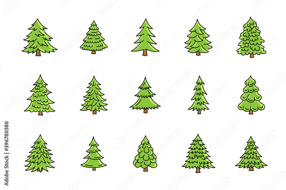 Fir tree icons set. Green Christmas conifer spruce fir-tree. Hand drawn vector. Winter, holiday.