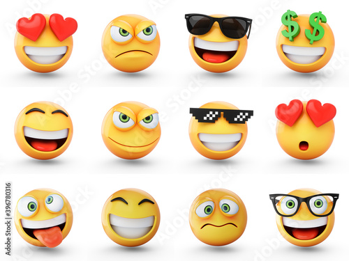 3D Rendering set of emoji isolated on white