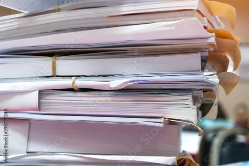 Canvas Print Overload stack messy documents of report papers for reseacrch teacher classroom planing on desk waiting to managed or approve, unorganized management stock files for check