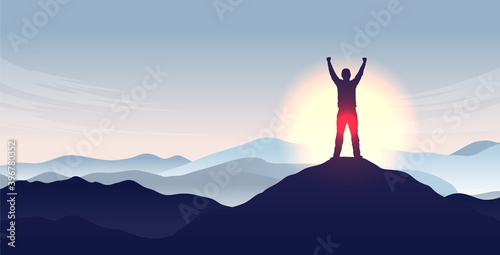 Mountaintop hands in air - Winner person standing on mountain peak cheering with epic view. Freedom and personal success concept. Vector illustration with copy space for text.