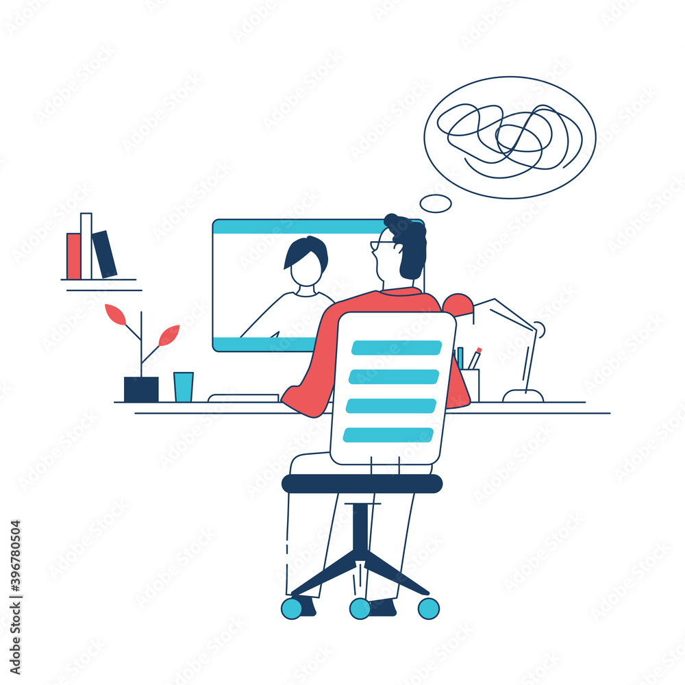 Fototapeta premium Man sitting on chair and talking to woman online. Professional psychotherapist talking to client. Home office interior with books and plants. Doctor helping patient line style vector illustration.