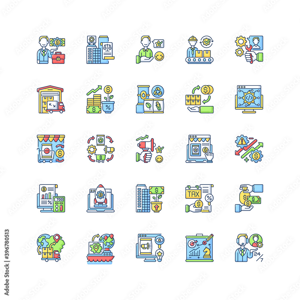 Entrepreneurship RGB color icons set. Profitable business, commercial enterprise. Commercial company management and development . Isolated vector illustrations Entrepreneurship RGB color icons set. Profitable business, commercial enterprise. Commercial company management and development . Isolated vector illustrations