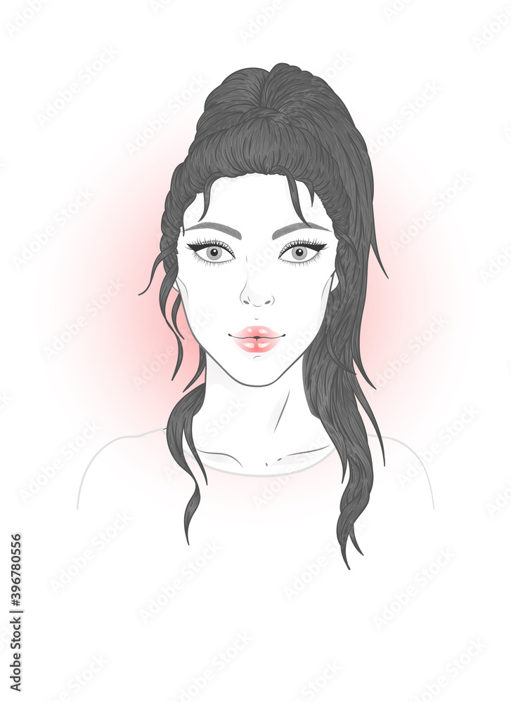 Vector portrait with beautiful young woman with high ponytail on a white background.