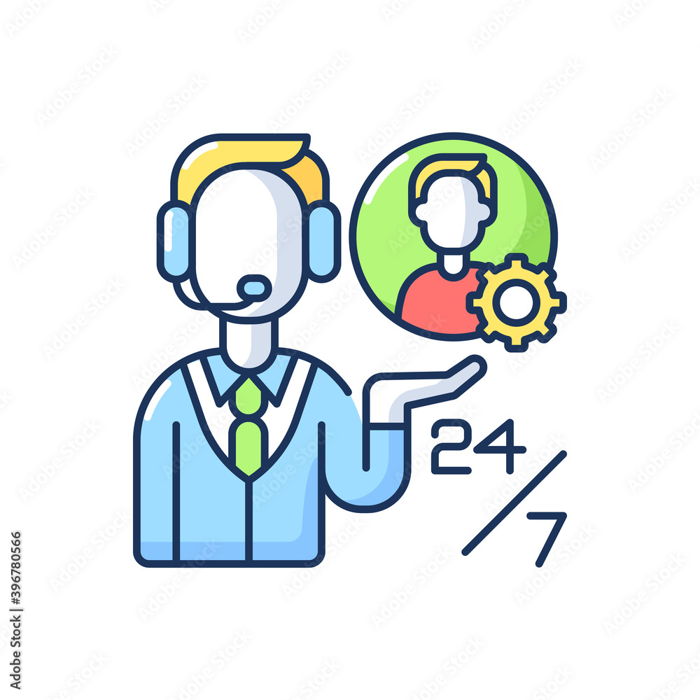 Customer support RGB color icon. Professional call center, telemarketing business. Round the clock hotline, consultation services. Isolated vector illustration