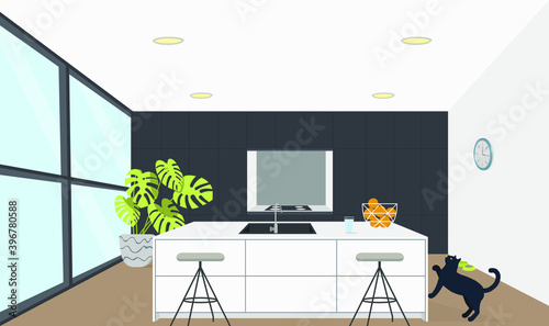 Kitchen black and white modern interior. Nobody, no People. House room. Flat vector illustration