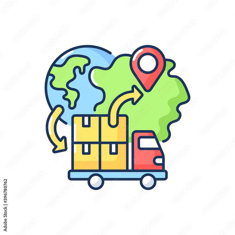 Fototapeta premium Import RGB color icon. Freight trucking business, international entrepreneurship. Worldwide delivery and auto transportation services. Isolated vector illustration